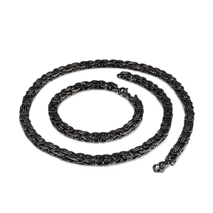 Black stainless steel Byzantine chain set including necklace and bracelet for men