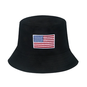 Black bucket hat with American flag embroidery on the front, classic patriotic design