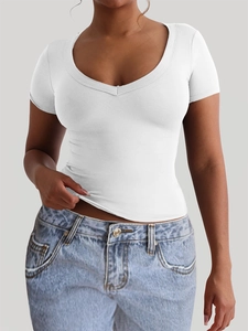 Close-up of a white short-sleeved slim-fit T-shirt with a U-neck design on a model