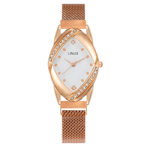 Women's Fashion Quartz Watch Rhombus Rhinestone Inlay Wave Texture Dial Milanese Mesh Metal Band Magnetic Clasp