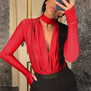 Women Sexy Long Sleeve Bodysuit Deep V Neck Ruched Design Choker Neckline Slim Fit Chic Streetwear Top