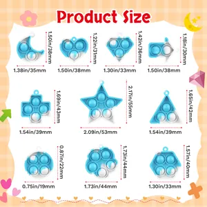 Size chart showing ten diverse shapes for the rainbow silicone pop it fidget keychain