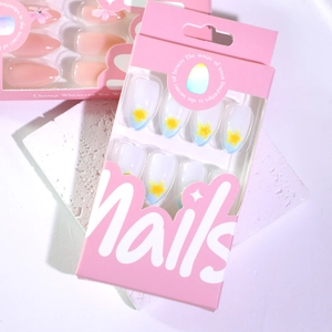 Short round French blue press-on nails with 3D yellow tropical flowers and gradient finish