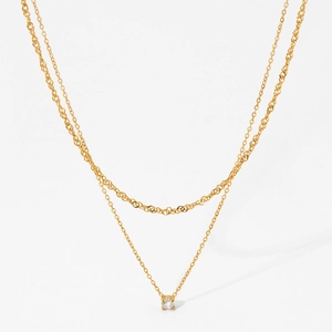 Double layer stainless steel necklace with sparkling zircon pendant in gold finish