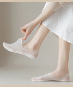 Close-up of white ultra-thin ice silk no-show socks with silicone anti-slip heel