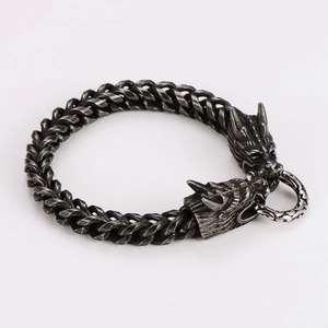 Macro shot of men's vintage dragon head clasp on heavy braided stainless steel bracelet