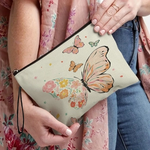 Floral butterfly canvas cosmetic bag with metal zipper and practical hand strap