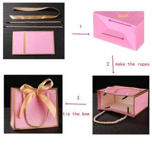 Step-by-step assembly guide for pink gift bag with golden edges and bow ribbons