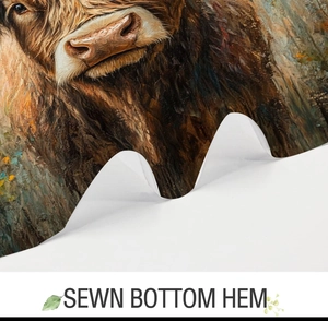 Detail shot of the sewn bottom hem on a high-quality Highland Cow 3D shower curtain