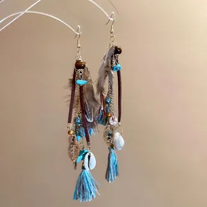 Bohemian tassel earrings with blue feathers, white shells, turquoise and wooden beads