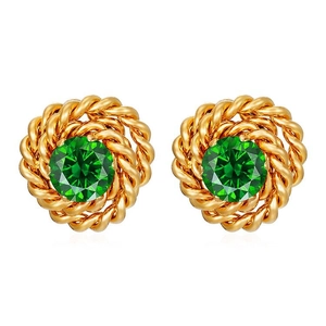 Vintage 18K gold-plated stainless steel rose knot earrings with green zircon centers