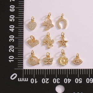 18K gold plated zircon charms set featuring heart, tree of life, and celestial motifs