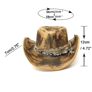 Detail view of vintage cowboy hat with dimensions showing 7cm brim and turquoise beads