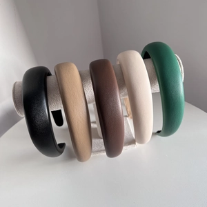 Set of 5 retro chic PU leather headbands in black, beige, brown, cream, and green colors