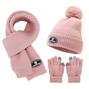 Kids Winter Knitted Hat Scarf And Touchscreen Gloves Warm Fleece Lined Beanie With Pom Pom For Cold Weather Outdoor