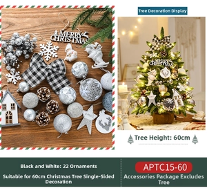 Detailed 22-piece black and white Christmas tree ornament set with wooden cabin charms
