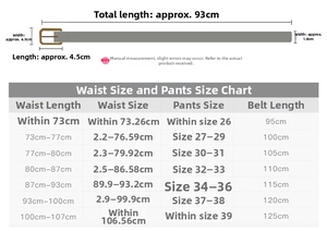 Size chart showing belt length 93cm and width 1.8cm with star buckle waist measurements