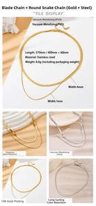 Close-up of 18K gold PVD plated stainless steel double layered snake and blade chain necklace