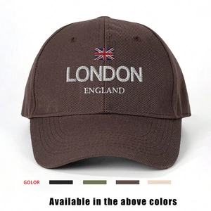 Brown London England baseball cap with embroidered British flag and four color options