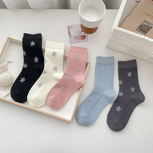 Women Mid Calf Crew Socks Combed Cotton Ribbed Knit Star Bow Pattern Breathable Elastic Trendy Fashion Socks