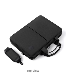 Top view of a black laptop briefcase with reinforced handles and durable fabric texture