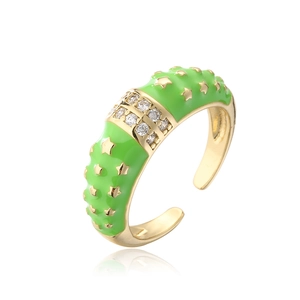 Bohemian gold plated open ring with green enamel, star relief and zircon stones