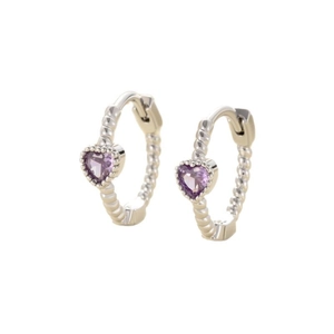 Silver-toned hoop earrings with purple heart-shaped gemstones and beaded edge detail