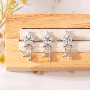 Star Tassel Ear Cartilage Stud Titanium Steel Copper Zircon Inlaid Blue Stone Piercing Fashion Jewelry For Women