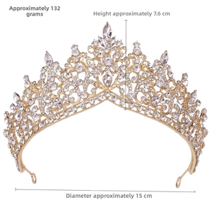 Detailed macro view of gold bridal crown showing height 7.6cm and diameter 15cm