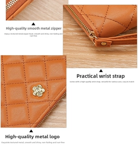 Detail of quilted caramel leather wristlet with golden flower logo and metal zipper
