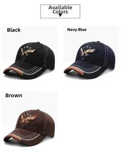Detailed embroidery of a flying eagle on baseball caps in black, navy, and brown colors