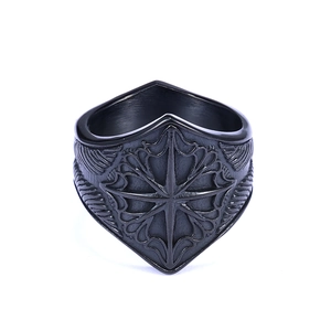 Nordic viking shield ring in vintage black finish with intricate embossed star textures