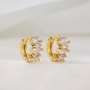 18K gold plated hoop earrings with rectangular cubic zirconia on white background