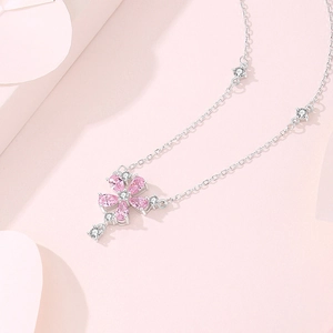 S925 silver necklace featuring a pink flower pendant with delicate zircon accents
