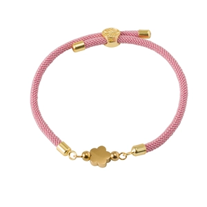 Pink woven Milanese rope bracelet with 18K gold-plated flower pendant and adjustable slider