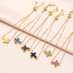 Fashionable gold-plated cross bracelet with colorful druzy stones and adjustable box chain