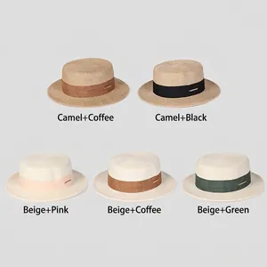 Chapeaux canotiers en paille pour femmes en beige et camel avec rubans gros-grain colorés