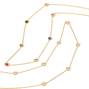 Colorful zircon stone necklace with gold chain and multi-color bezel-set gems