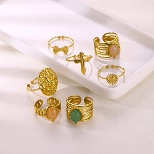 Vintage 18K Gold Plated Stainless Steel Adjustable Open Rings Natural Stone Cross Bow Sunflower Jewelry For Women