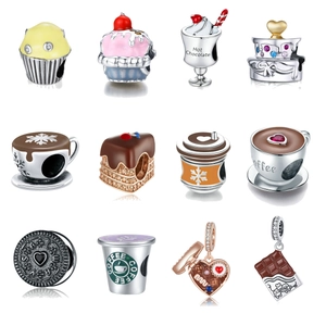 925 Sterling Silver Food Dessert Charms For Bracelets Coffee Cup Chocolate Cake Enamel Zirconia DIY Beads Jewelry Making Gift