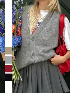 Gilet in Maglia da Donna Casual con Scollo a V Senza Maniche Vestibilità Comoda Tinta Unita Bottone Maglione Gilet Top