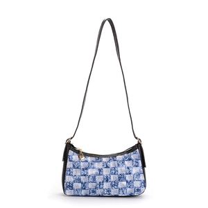 Blue and white checkered denim shoulder bag with black strap and gold leaf zipper
