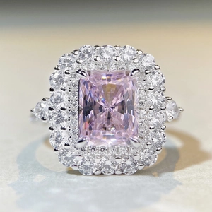 Luxurious S925 silver ring featuring a large radiant pink rectangular crystal and diamond halo