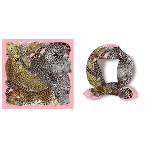 French retro pink silk square scarf featuring gold leopard print and Paris lettering
