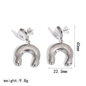Modern silver horseshoe U-shape stainless steel earrings with organic liquid metal texture