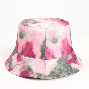 Detail of tie-dye bucket hat with pink and green fabric and reinforced brim stitching
