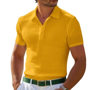 Men's bright yellow waffle knit polo shirt with two-button placket and textured fabric