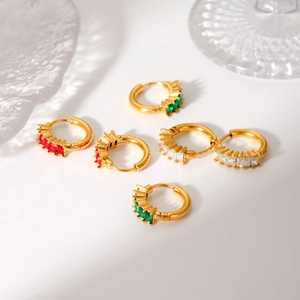 18K gold plated stainless steel hoop earrings with green red and white zircon stones