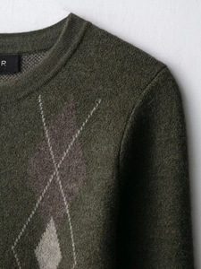 Gros plan d'un pull en maille vert olive avec motifs losanges et texture laineuse