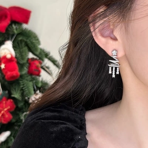 Elegant silver star tassel Christmas tree earrings with sparkling zircon for women